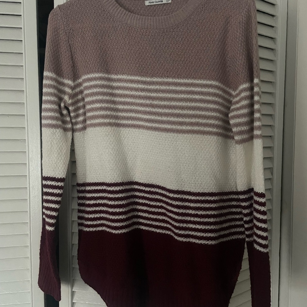Pink Clover Women's Striped Sweater - Mauve, White, and Burgundy